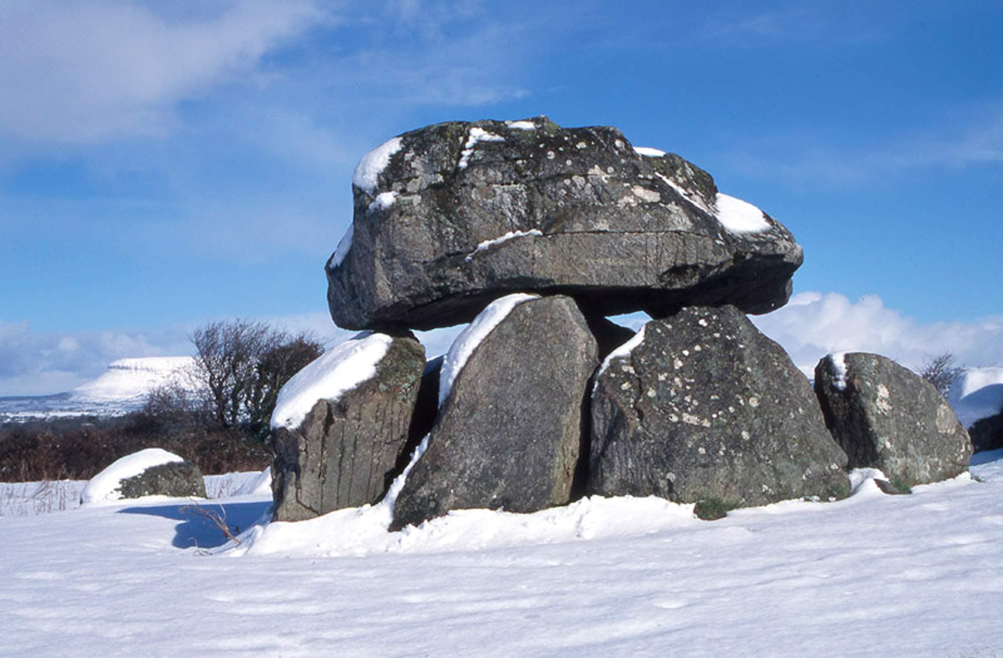Carrowmore covered in snow with Ben Bulben in background